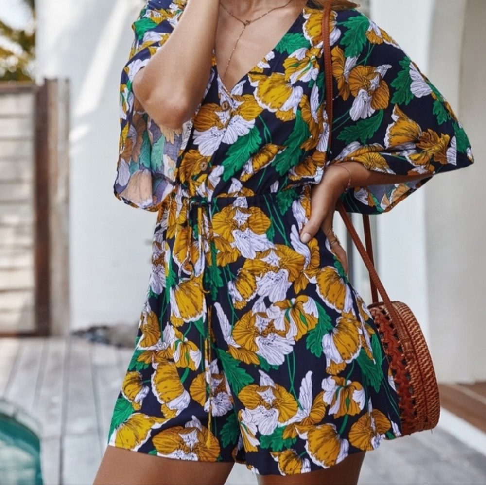 Tropical Floral Kimono Sleeve Romper – S M XL Available – Yellow, Green, White - Picture 2 of 3